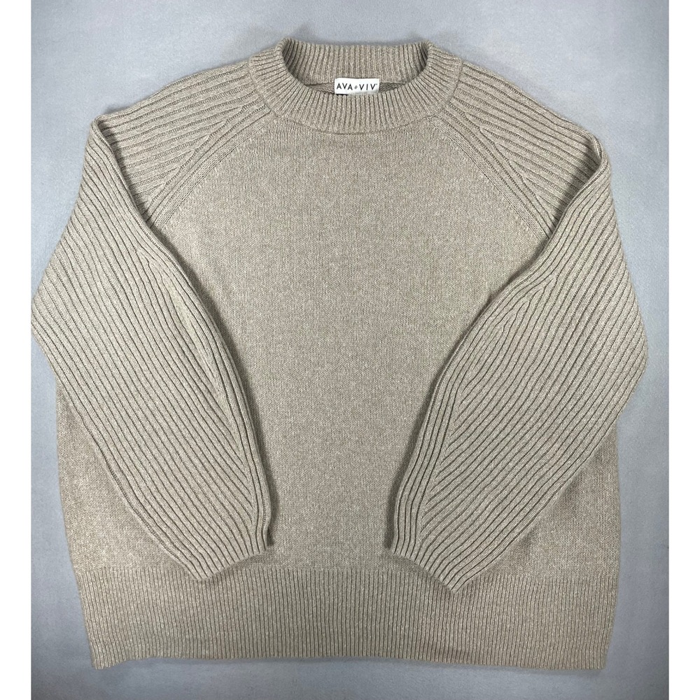 Ava & Viv Womens Sweater Crew Neck Tan Oatmeal Ribbed Polyester 2X